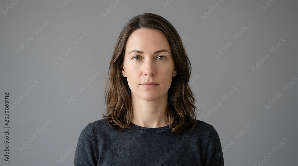 Fototapeta premium Headshot of a calm young Caucasian woman with wavy brown hair looking at the camera with a neutral expression on a solid gray background