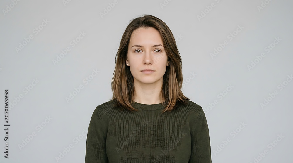 Obraz premium Studio headshot of a calm young woman with straight brown hair looking at the camera against a neutral light gray background backdrop