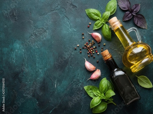Fresh Basil, Garlic, Olive Oil, and Balsamic Vinegar Bottles on Textured Dark Green Surface