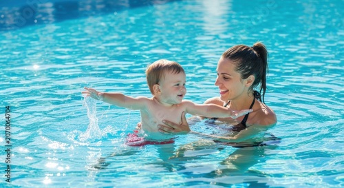 Joyful mother teaches her happy baby to swim in a bright blue swimming pool on a sunny summer day