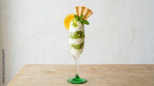 Layered Kiwi Parfait with Whipped Cream, Orange Slice, Mint, and Waffle Cone