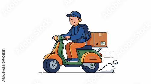 A cartoon delivery person rides a green and orange scooter