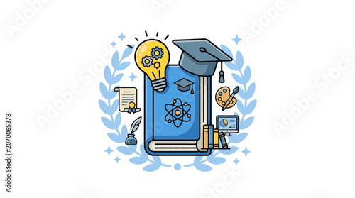 A blue book with a graduation cap on top and various educational symbols