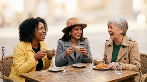 Three Diverse Women Enjoying Coffee and Conversation at an Outdoor Cafe