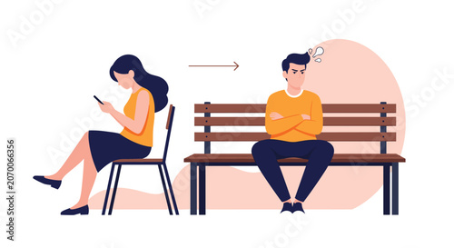 Man sitting angrily on a park bench while a woman ignores him to look at her phone, depicting relationship distance and conflict.