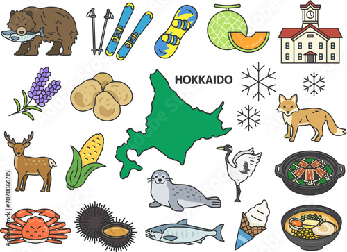 いろいろな、北海道名物・名産（線画カラー）のイラストセット