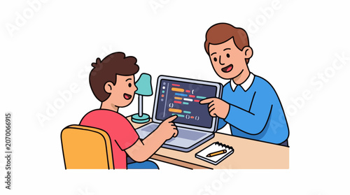 Two men sitting at a desk, looking at a laptop
