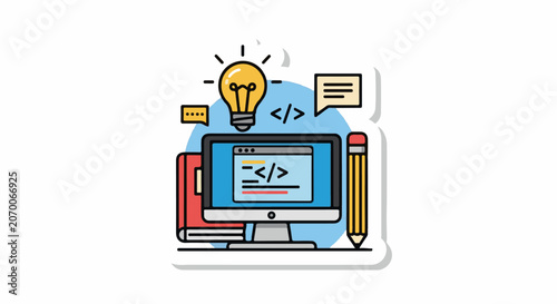A computer monitor with coding symbols on the screen and a lightbulb above it