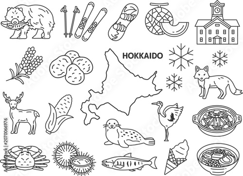 いろいろな、北海道名物・名産（線画）のイラストセット