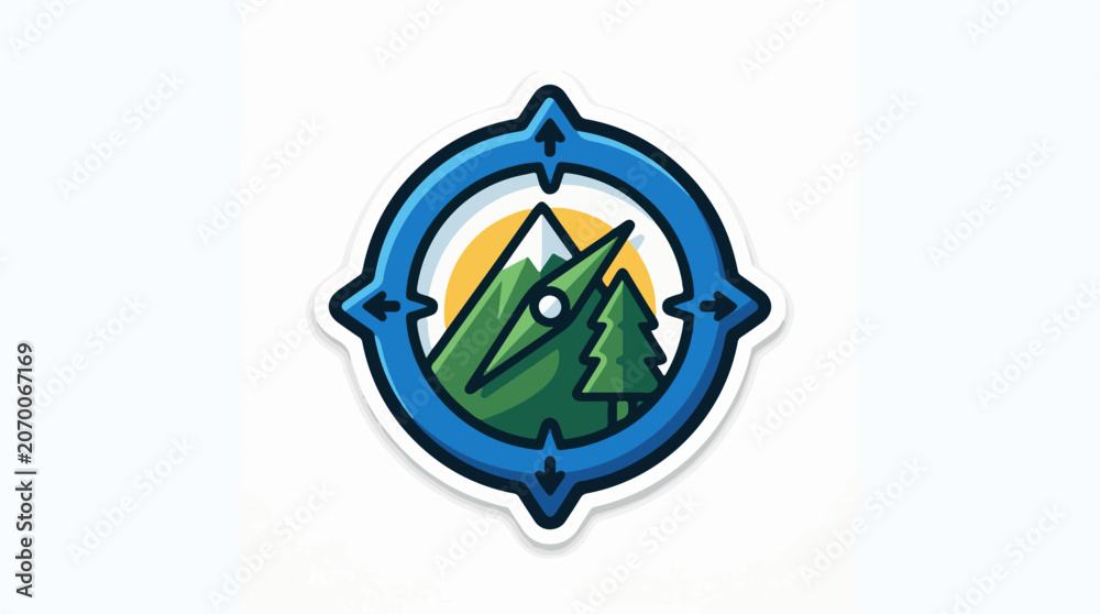 Obraz premium A blue compass with trees and a sun