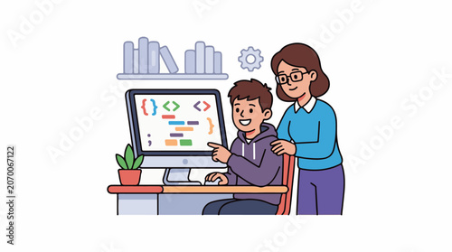 A woman and a boy looking at a computer with coding on the screen