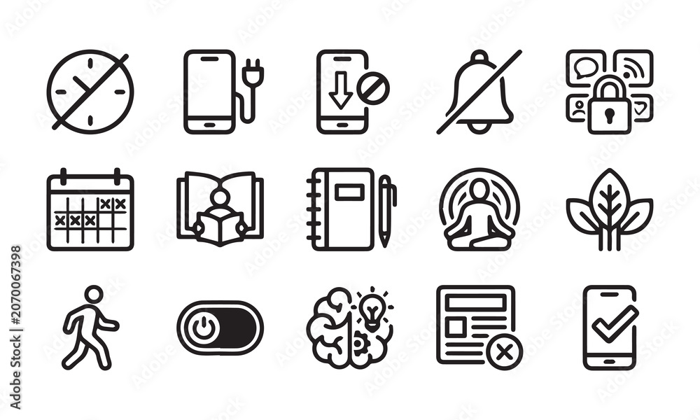 Fototapeta premium Productivity and digital wellness outline icons for healthy habits and daily tasks.