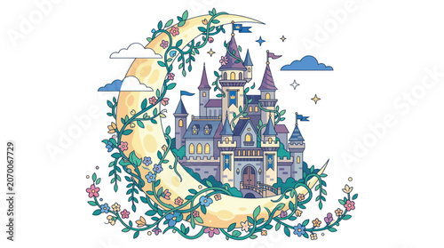 Tableau sur toile Fantasy Castle on Moon Illustration.