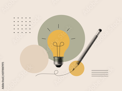 Minimalist idea and creativity concept with light bulb and pencil. Modern abstract collage illustration symbolizing innovation, brainstorming, education and problem solving.