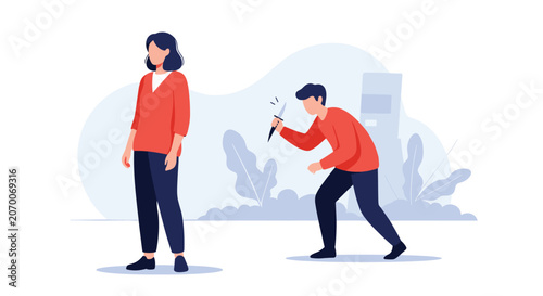 Dangerous criminal sneaking up behind an unsuspecting woman while holding a knife in a shaded outdoor setting.