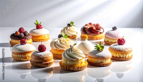 Assorted mini pastries with berries and cream toppings on white