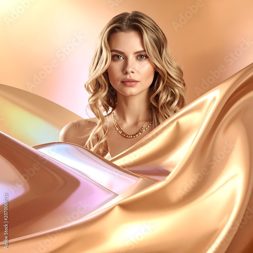 A woman with wavy blonde hair posing with shiny gold fabric
