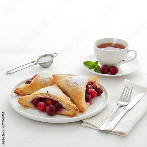 Assorted puff pastries with berry filling served with hot tea. Traditional sweet breakfast concept featuring homemade baked goods and fresh ingredients.