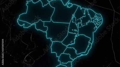 Glowing blue neon map of Brazil with state borders on a dark digital background
