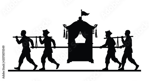Bild auf Leinwand Four Figures Carrying A Palanquin In Silhouette Against A White Background sedan