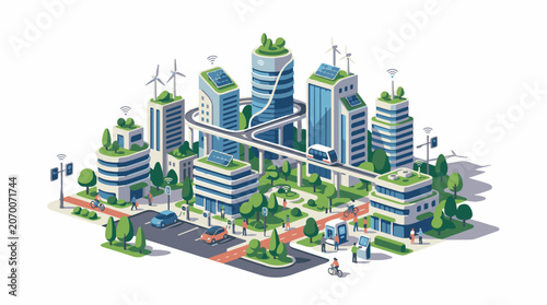 A futuristic cityscape with green buildings and sustainable energy sources