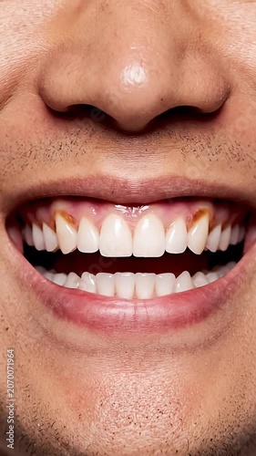 Man's smile showing yellow stains on teeth close up.