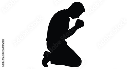 Canvastavla Kneeling man in prayer pose a black silhouette against a white background silhou
