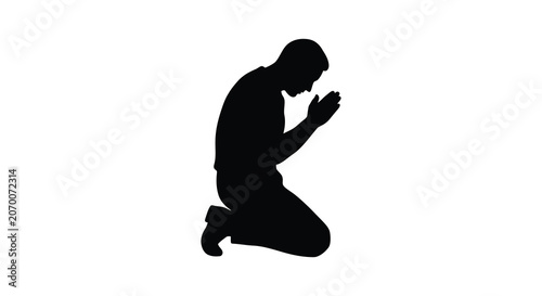 Cuadro en lienzo Praying man in kneeling position a black silhouette against a white background s