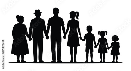 Canvastavla Family holding hands together a black silhouette against a white background silh