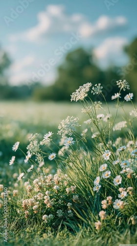 Delicate wildflowers bloom in a sun-drenched meadow on a bright summer day