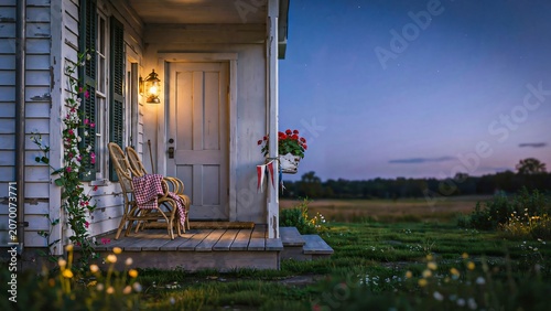 Quiet farmhouse porch illuminated at dusk in rural countryside