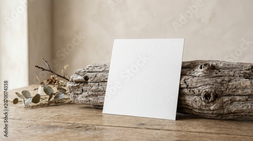 Square paper mockup leaning against weathered wood with dried foliage in a rustic studio for wedding stationery branding