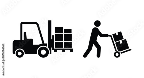 Fotografie Forklift Pallet Of Boxes And Person With Hand Truck In Black Silhouette cart del