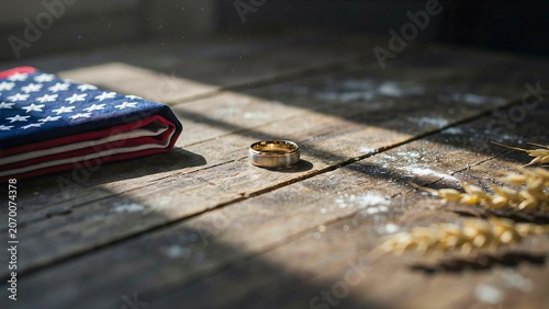 American flag and wedding rings on rustic wooden floor