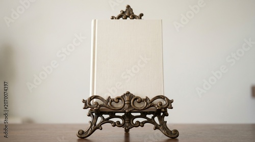 White textured book resting on an ornate brass easel in a minimalist studio setting with soft natural light for elegant literature marketing