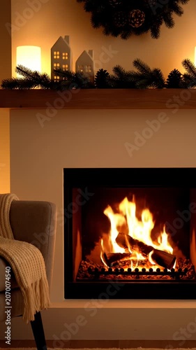 Modern minimalist fireplace with subtle Christmas mantle decor.