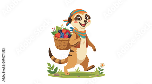 Tableau sur toile Cartoon Meerkats Carrying Colorful Basket.