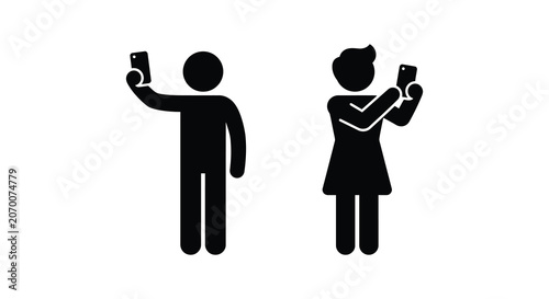 Foto Two figures taking self portraits with mobile phones simple black silhouette per