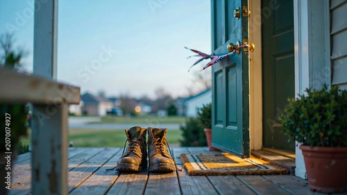 Patriotic boots on farmhouse porch at sunset with american flag decoration