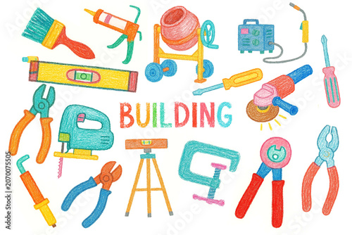Building, children's games, childhood, toys, colored pencils, watercolor, hand drawing