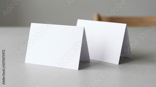 Two white tent cards standing on a gray textured surface with a blurred background for wedding seating and restaurant menu branding