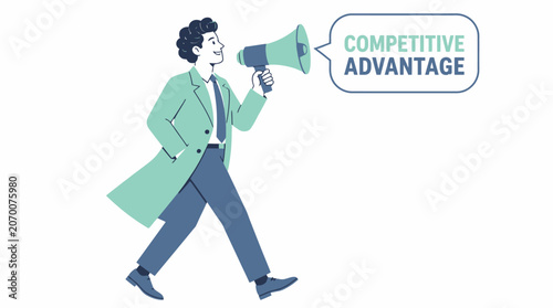 Businessman using megaphone for competitive advantage announcement.
