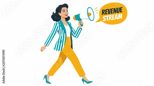 Businesswoman with megaphone announcing revenue stream.