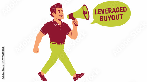 Man holding megaphone with leveraged buyout message.