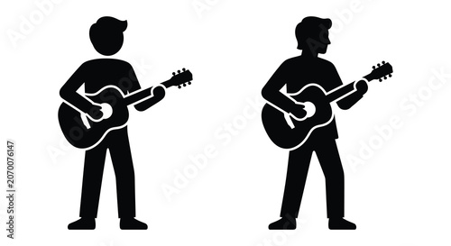 Fotografie Two black silhouettes of men playing acoustic guitars a musical performance illu