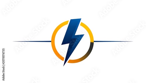 A stylized image features a blue lightning bolt inside an orange and black circle, with horizontal lines extending from each side