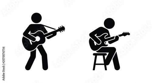 Quadro su tela Two guitar players in black silhouette against a white background depicting musi