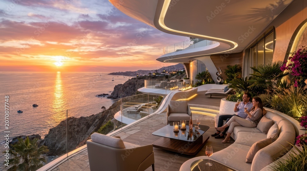 Fototapeta premium Luxury modern villa terrace with ocean sunset view and couple enjoying wine