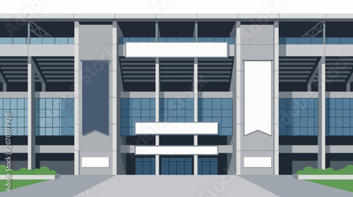 Modern Stadium Exterior Façade Design Featuring Architectural Structure with Blank Signage Banners for Sports Event Advertising and Branding
