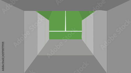 Minimalist Perspective View of a Modern Indoor Corridor Leading to a Bright Green Exterior Garden Space
